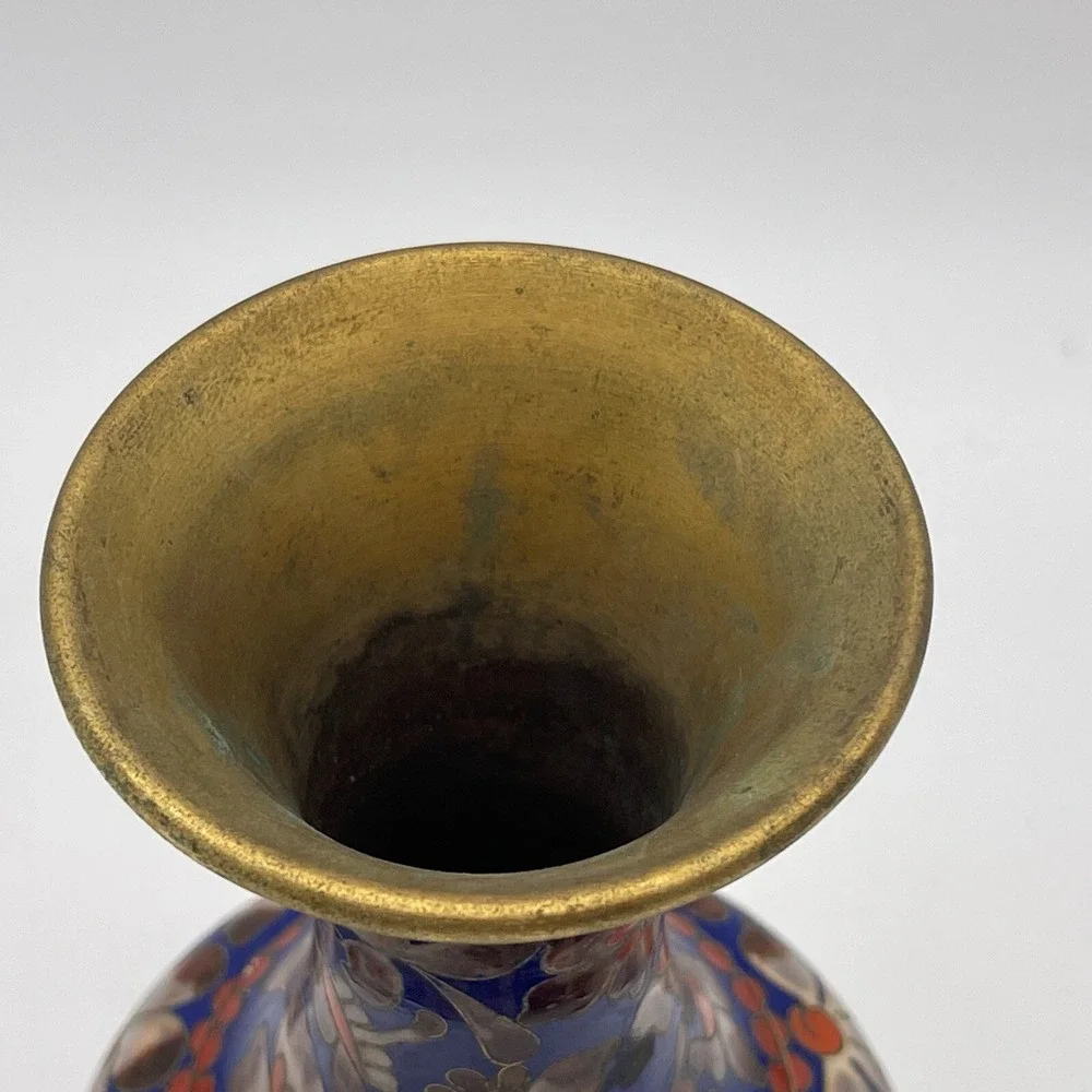 Cloisonné Vase Enameled Blue Orange Floral 8
